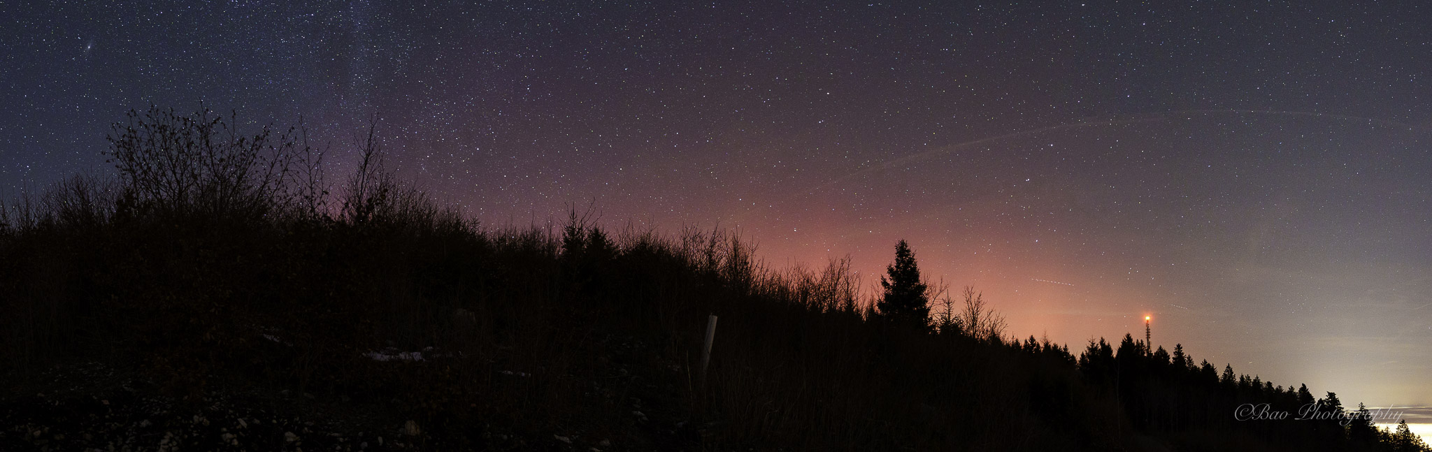 Aurora borealis over Magglingen — a rare northern lights display visible from Switzerland during the G4 geomagnetic storm of January 19–20, 2026, the strongest solar storm in over 20 years with a KP index of 8, showing a red and green glow above the dark Jura forest silhouette under a star-filled sky